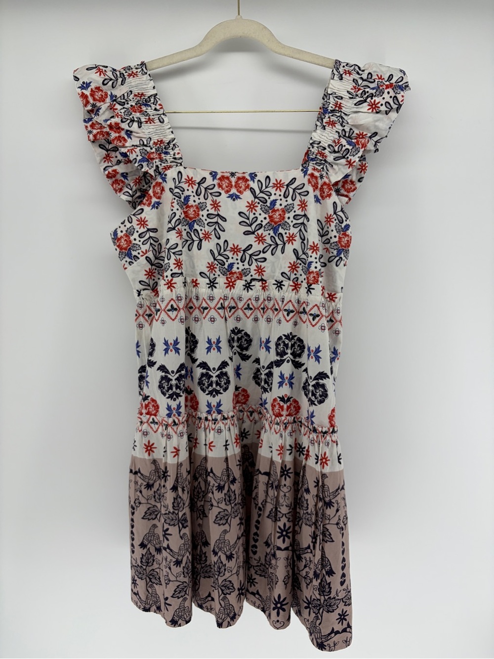Oliphant Printed Tiered Smocked Mini Dress Ruffle Cotton Small